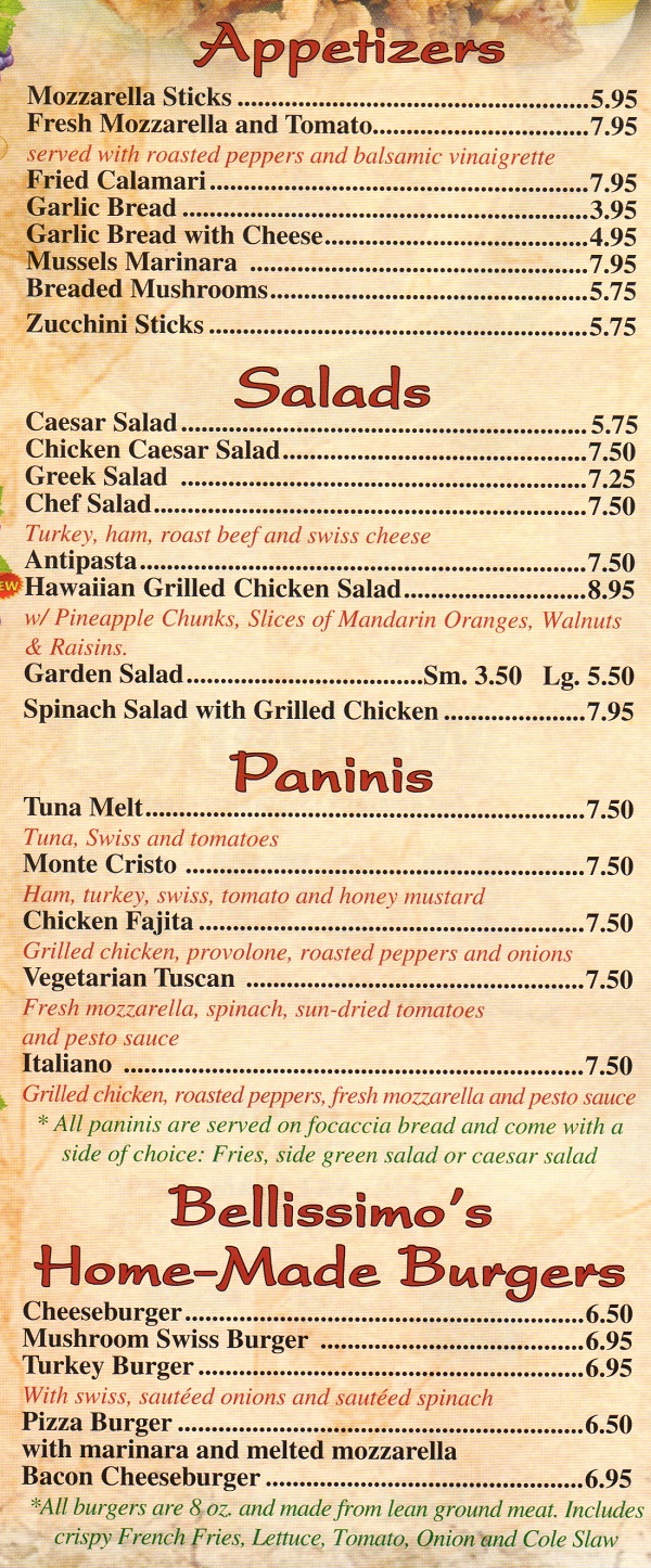 Bellissimo Cafe and Pizza in East Brunswick Menu