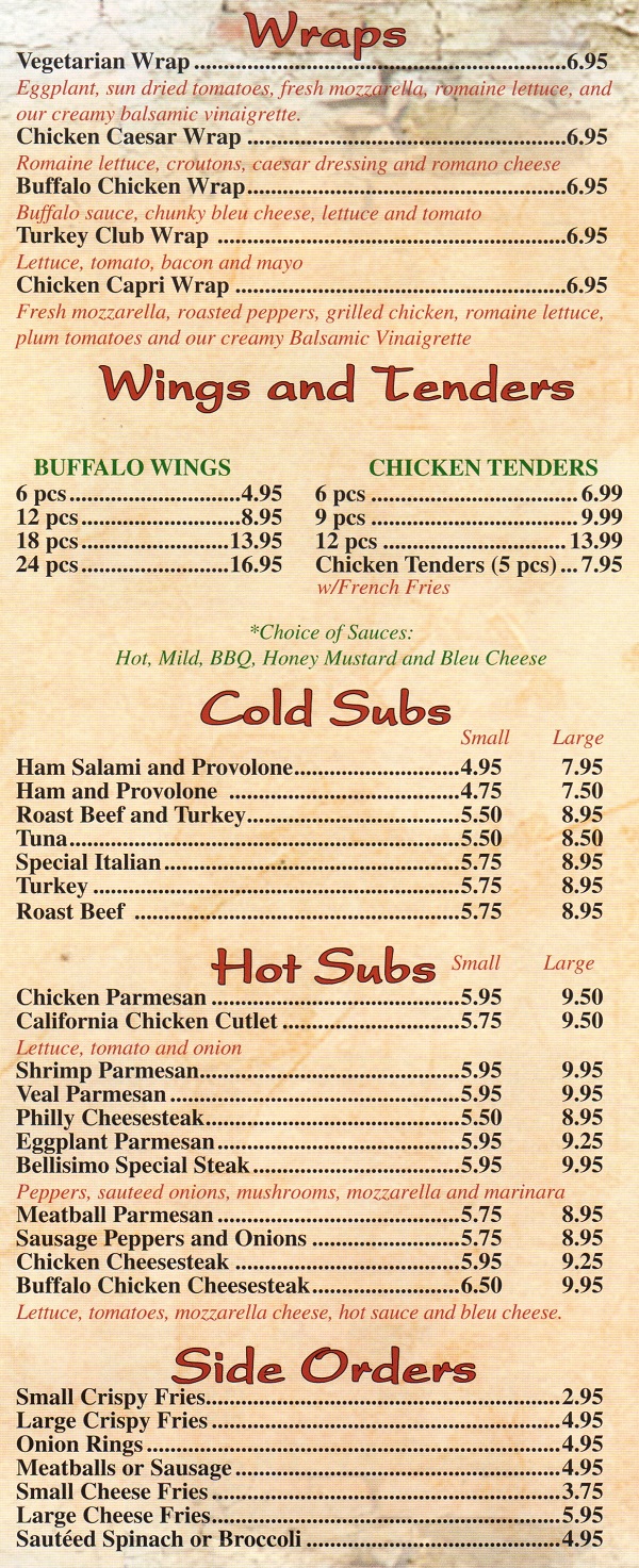 Bellissimo Cafe and Pizza in East Brunswick Menu