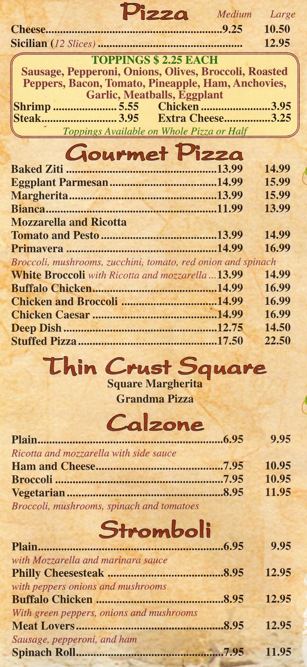 Bellissimo Cafe and Pizza in East Brunswick Menu